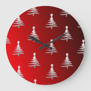 Grande Horloge Ronde Arbres de Noël Argent sur Rouge