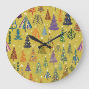 Grande Horloge Ronde Arbres de Noël colorés : Arrière - plan festif.