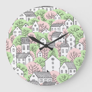 Grande Horloge Ronde Arbres, maisons, paysage de la ville de printemps
