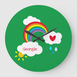 Grande Horloge Ronde Arc-en-ciel personnalisé, nuages et mur Carré de p