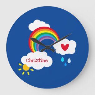Grande Horloge Ronde Arc-en-ciel personnalisé, nuages et mur Carré de p