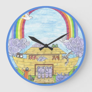 Grande Horloge Ronde Arche de Noah aquarelle arc-en-ciel amusant élépha