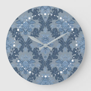 Grande Horloge Ronde Ardoise Bleu Fumé Poudre Bleue Douce Élégant Damas