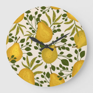 Grande Horloge Ronde Arrière - plan blanc Feuille de poires jaunes