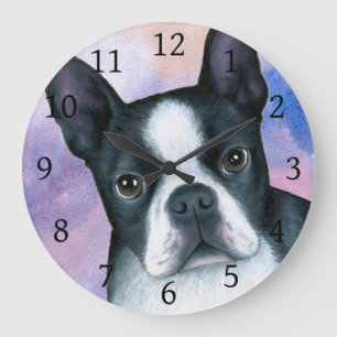 Grande Horloge Ronde Arrière - plan bleu rose de Boston Terrier du