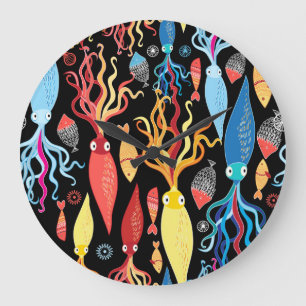 Grande Horloge Ronde Arrière - plan noir de poisson calmar multicolore