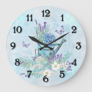 Grande Horloge Ronde Arrosoir avec fleurs d'été et papillons