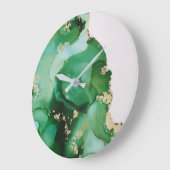 Grande Horloge Ronde Art Abstrait de fluide d'encre verte (Angle)