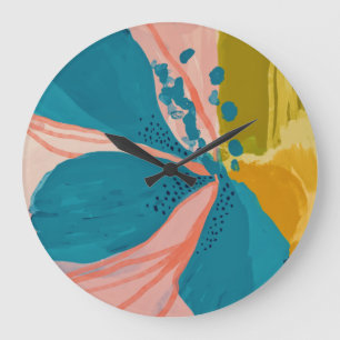 Grande Horloge Ronde Art Abstrait Floral moderne et coloré Bleu rose
