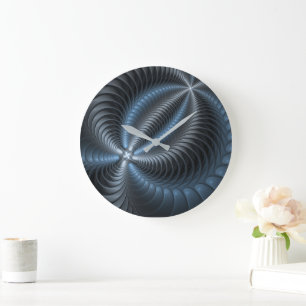 Grande Horloge Ronde Art abstrait moderne fractal bleu gris plastique 3