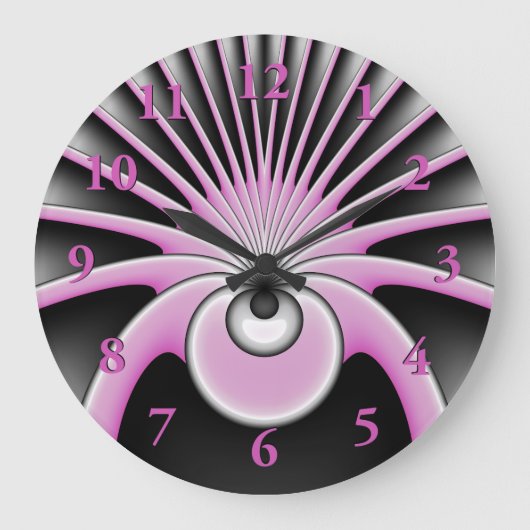 Grande Horloge Ronde Art Abstrait moderne Fractal rose Gris noir (Recto)