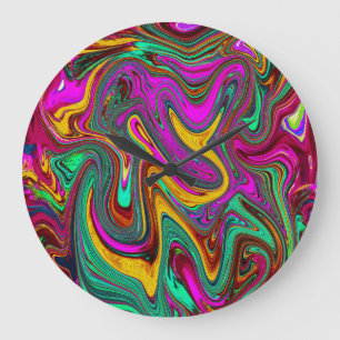 Grande Horloge Ronde Art abstrait rose chaleureux marbré et vert écume