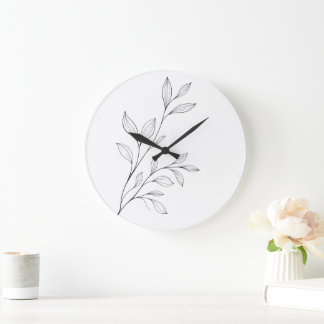 Grande Horloge Ronde Art botanique minimaliste en ligne noire
