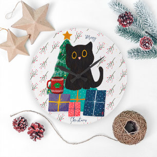 Grande Horloge Ronde Art de café de chat noir mignon Noël festif