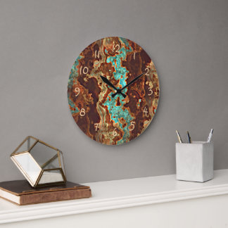 Grande Horloge Ronde Art de marbre géode marron aqua turquoise vert