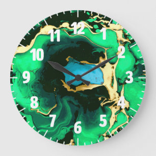 Grande Horloge Ronde Art de marbre vert et noir d'or de peinture