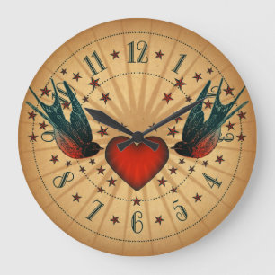 Grande Horloge Ronde Art de tatouage d'hirondelles et d'étoiles