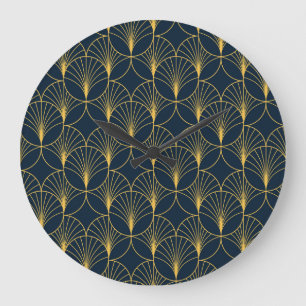 Grande Horloge Ronde Art Déco Elégance : Motifs Ventilateurs