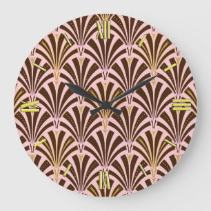 Grande Horloge Ronde Art Deco fan pattern - chocolate on pink