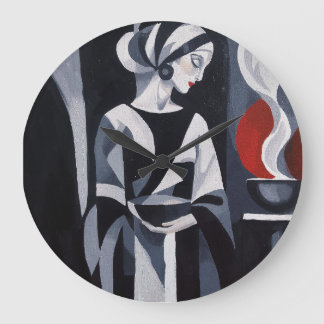Grande Horloge Ronde Art Déco femme en noir et blanc sur toile
