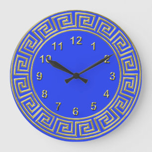 Grande Horloge Ronde Art Deco Gold Blue Greek Key Border DIY Background
