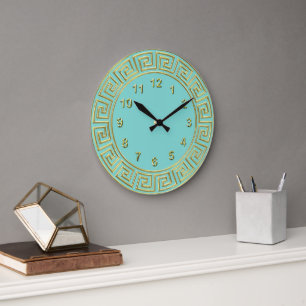 Grande Horloge Ronde Art Déco Gold Turquoise Grèce Key Bordure Or Mkrs
