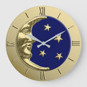 Grande Horloge Ronde Art déco Lune et étoiles - Navy Blue and Gold