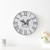 Grande Horloge Ronde Art déco moderne blanc & gris Nom (Maison)