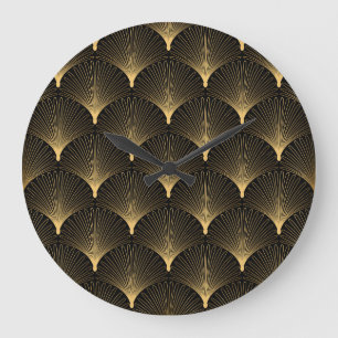 Grande Horloge Ronde Art Déco : motif d'or noir.