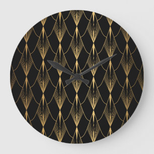 Grande Horloge Ronde Art Déco : Noir Or sans couture luxe
