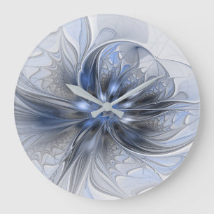 Grande Horloge Ronde Art floral fractal abstrait aquarelle gris bleu