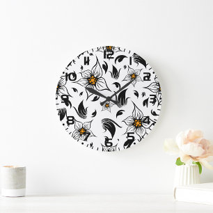 Grande Horloge Ronde Art Floral Noir