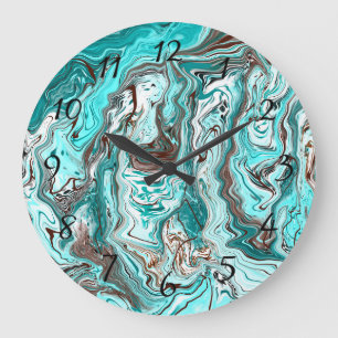 Grande Horloge Ronde Art fluide en marbre turquoise et noir