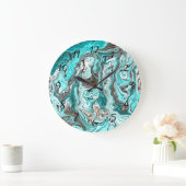 Grande Horloge Ronde Art fluide en marbre turquoise et noir (Maison)