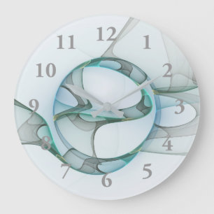Grande Horloge Ronde Art fractal abstrait moderne bleu turquoise gris