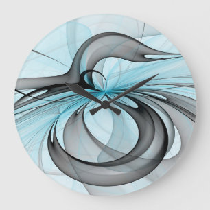 Grande Horloge Ronde Art fractal moderne gris anthracite abstrait bleu