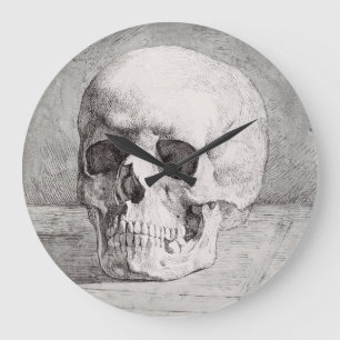 Grande Horloge Ronde Art graphique de crâne : Conception d'encre minima