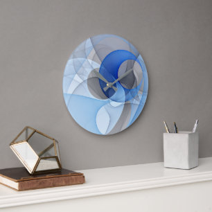 Grande Horloge Ronde Art graphique fractal abstrait bleu gris moderne