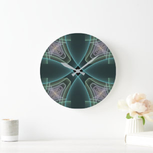Grande Horloge Ronde Art graphique géométrique fractal sarcelle moderne