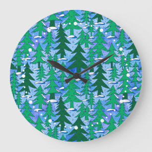 Grande Horloge Ronde Art Naïf Forêt de Sapins Hiver Vert Bleu