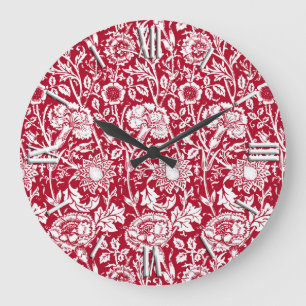 Grande Horloge Ronde Art Nouveau Carnation Damask, rouge et blanc