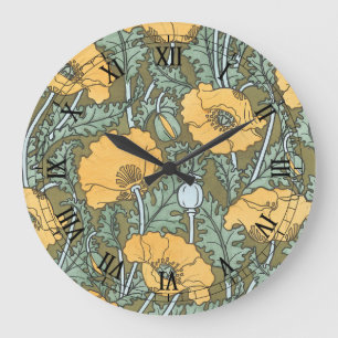 Grande Horloge Ronde Art Nouveau vintage, fleurs de pavot dans un jardi