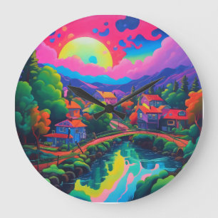 Grande Horloge Ronde Art Paysage Psychédélique Japonais