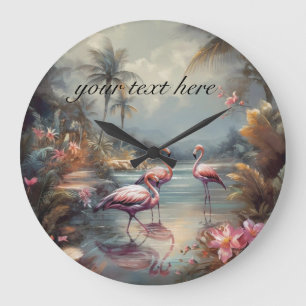 Grande Horloge Ronde Art personnalisé de flamant rose vintage tropical