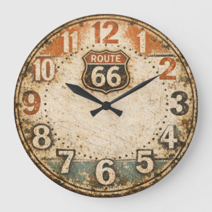 Grande Horloge Ronde Art personnalisé de la Route 66 rustique et patiné