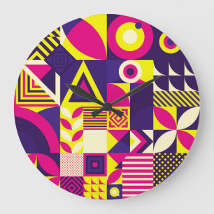 Grande Horloge Ronde Art pop, formes géométriques colorées.