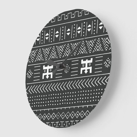Grande Horloge Ronde Art Tribal Africain : Géométrique Noir & Blanc (Angle)