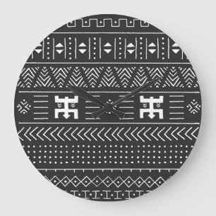 Grande Horloge Ronde Art Tribal Africain : Géométrique Noir & Blanc