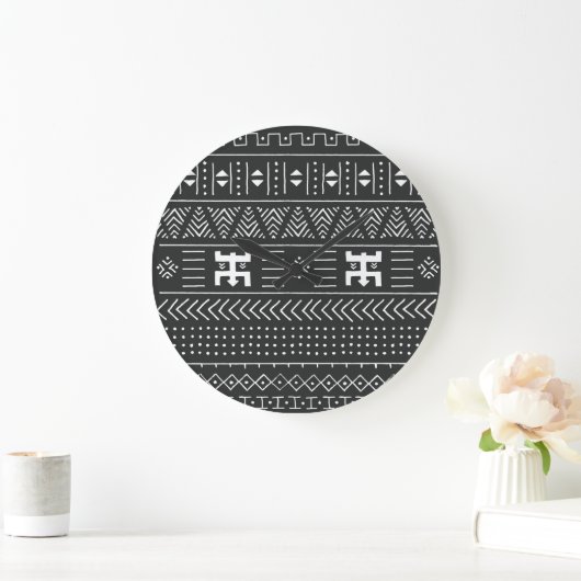 Grande Horloge Ronde Art Tribal Africain : Géométrique Noir & Blanc (Maison)