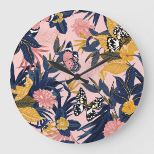 Grande Horloge Ronde Art tropical : Motifs forestiers brillants